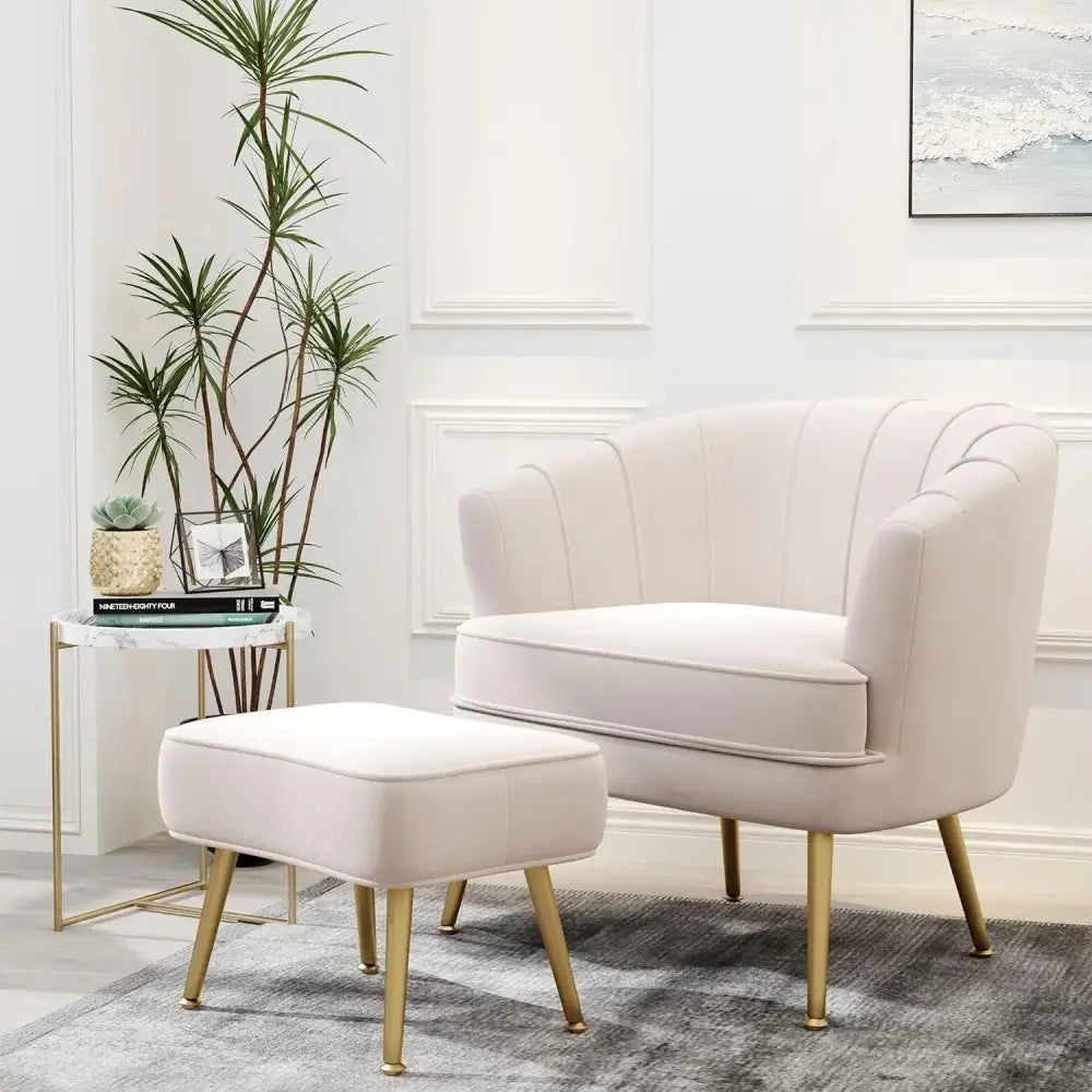 Decorbites comfortable beige bucket armchair and ottoman living room