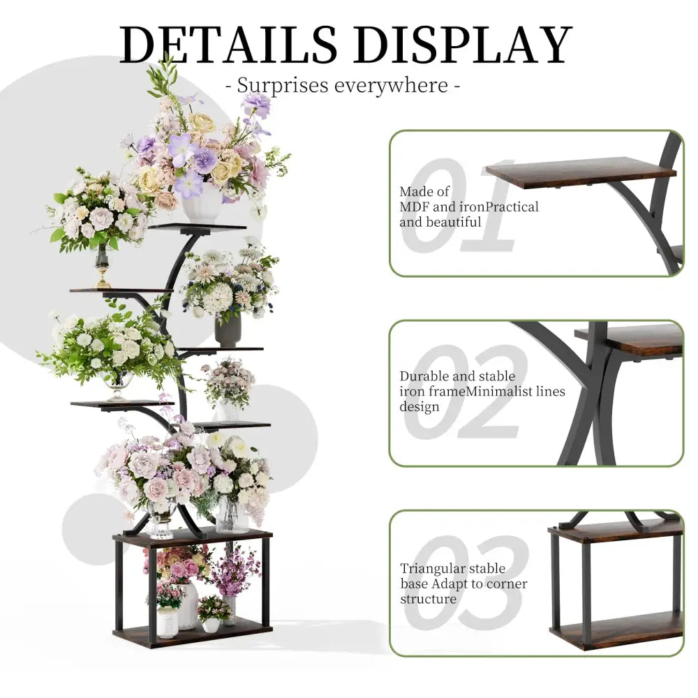 Compact tree black metal plant stand with multiple shelves living room