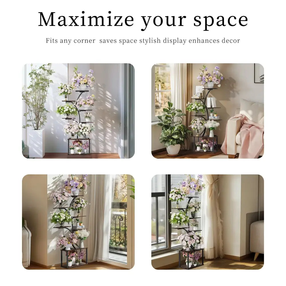 Compact tree black metal plant stand with multiple shelves living room