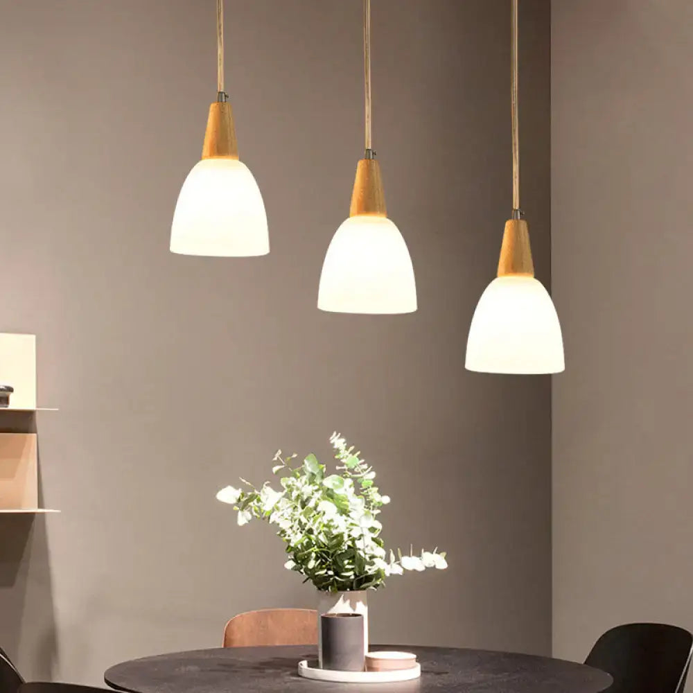 Modern wood and frosted glass dome pendant – dining room 3-light
