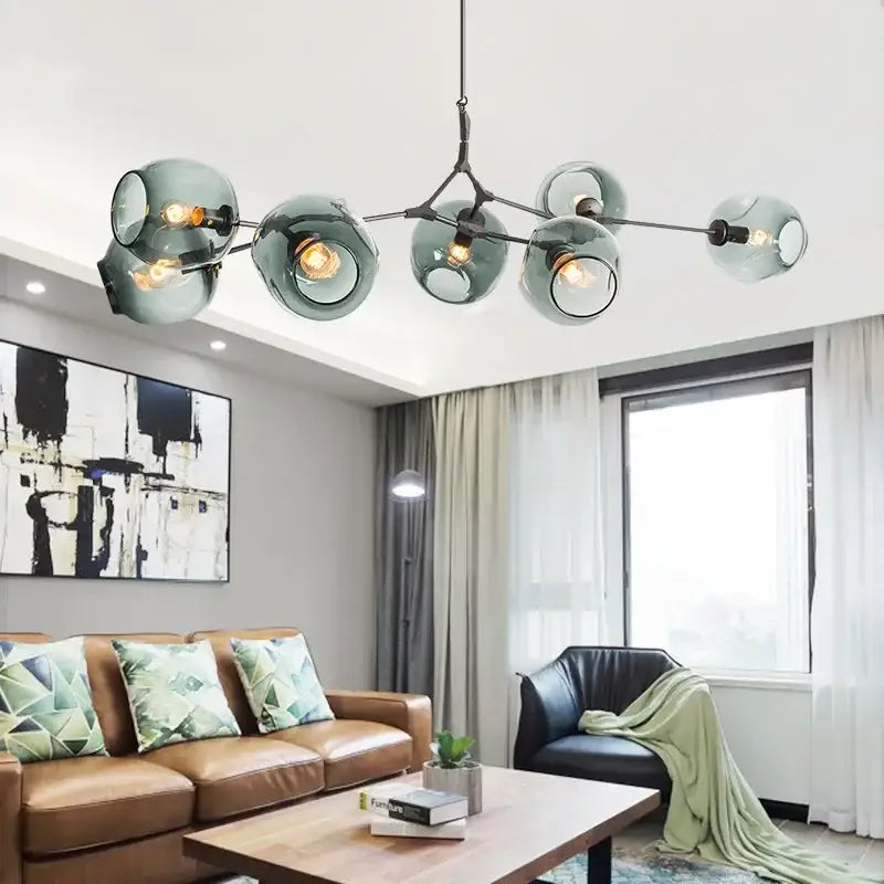 Modern teal glass bubble chandelier living room eight globe light