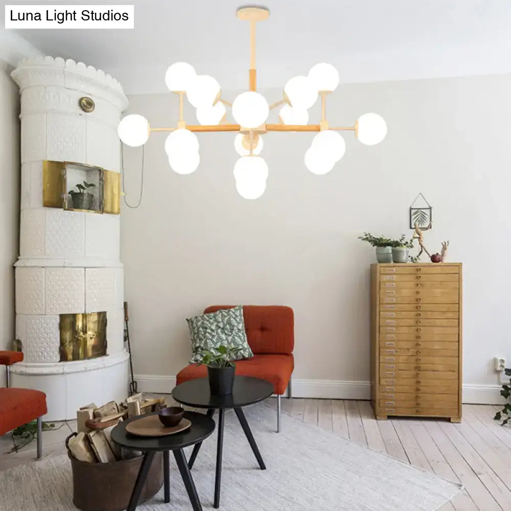 Modern wood and white glass globe chandelier – dining room light