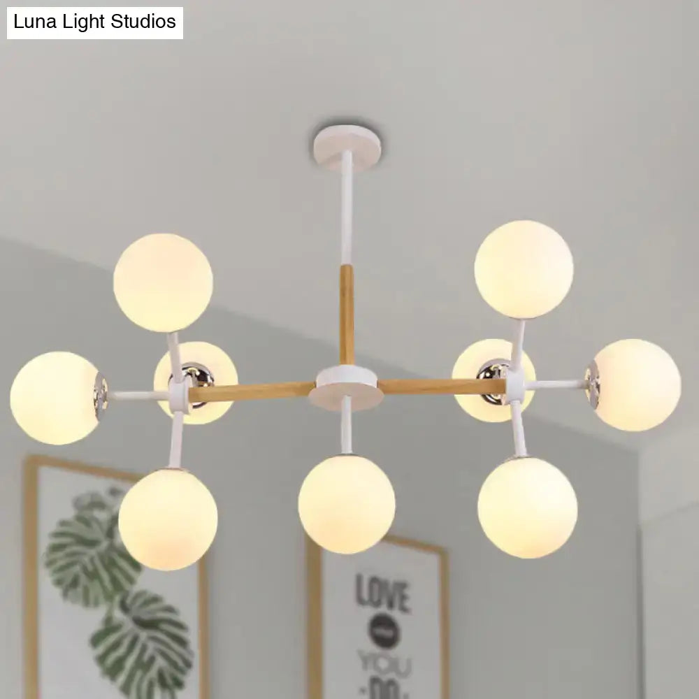 Modern wood and white glass globe chandelier – dining room light