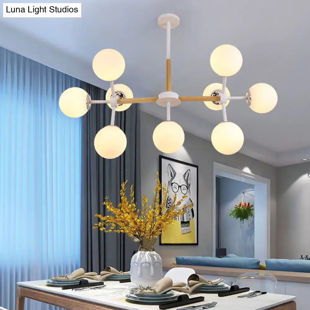 Modern wood and white glass globe chandelier – dining room light