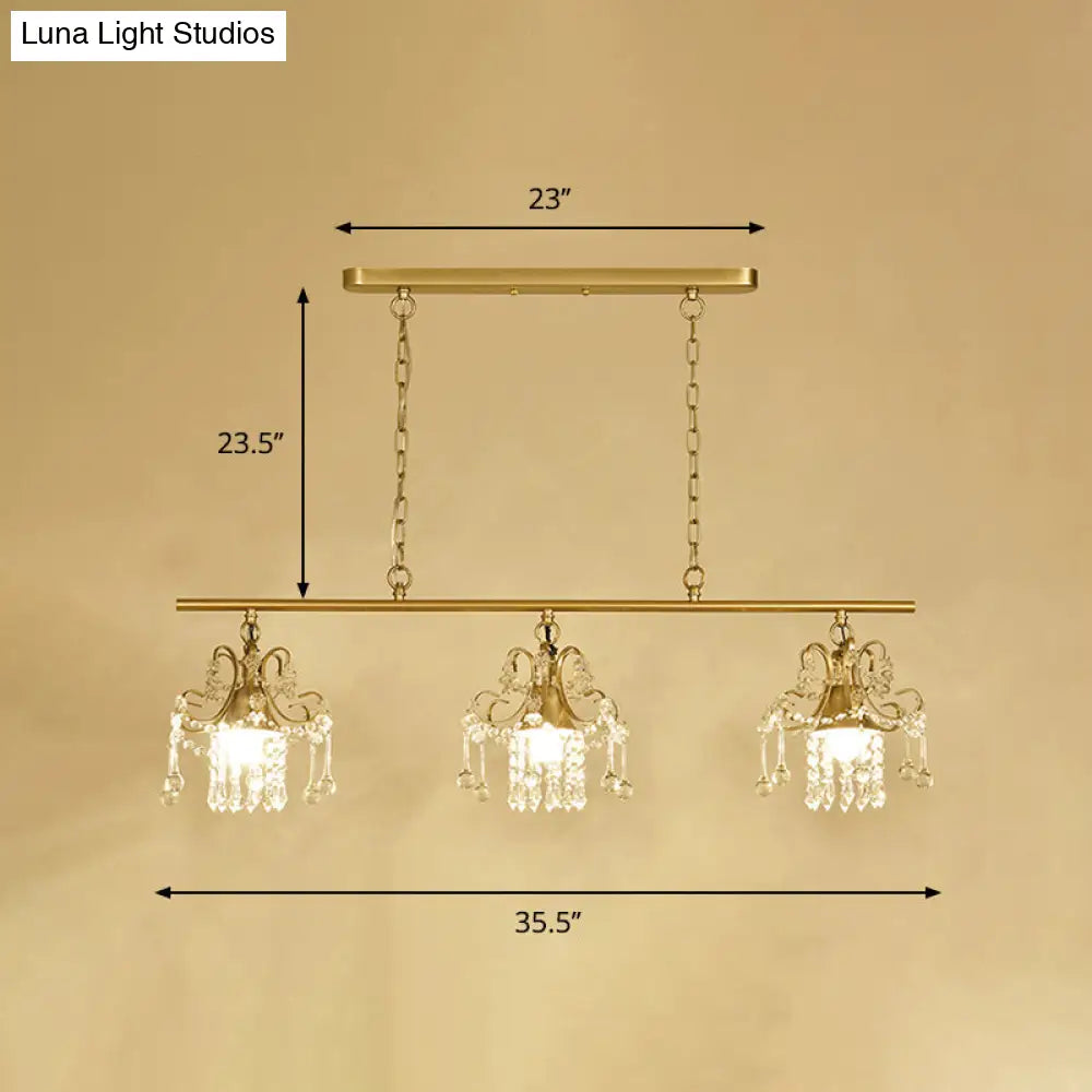 DecorBites™ Contemporary Gold Island Chandelier with Crystal Raindrop Accents - 3 Heads, Scroll Frame Design