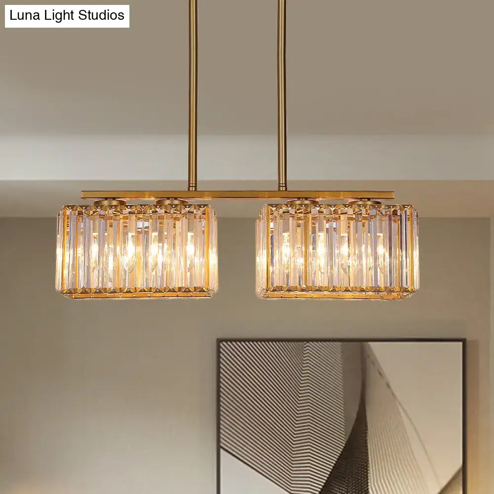 Modern gold linear chandelier with clear cuboid crystal dining room