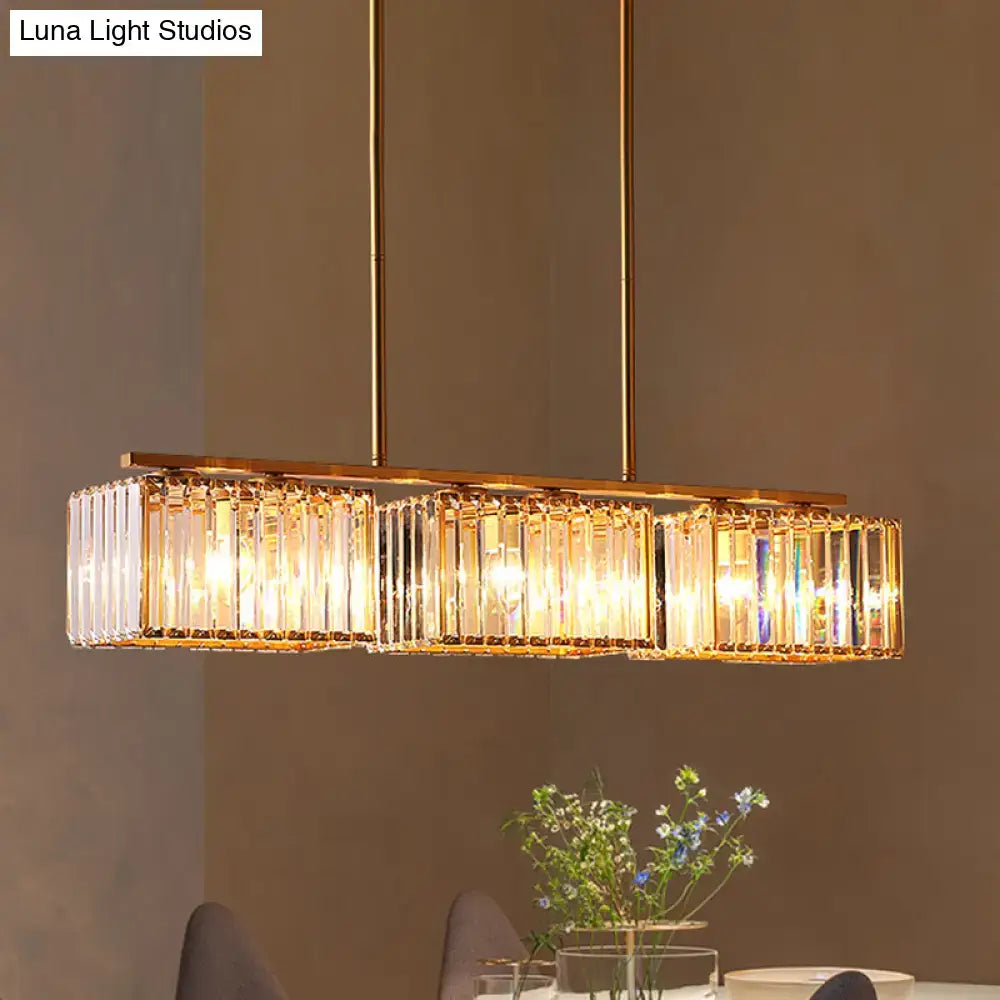 Modern gold linear chandelier with clear cuboid crystal dining room