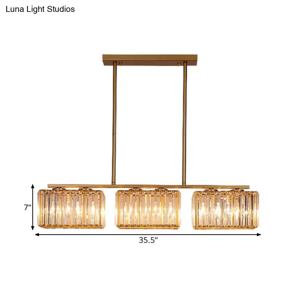 Modern gold linear chandelier with clear cuboid crystal dining room