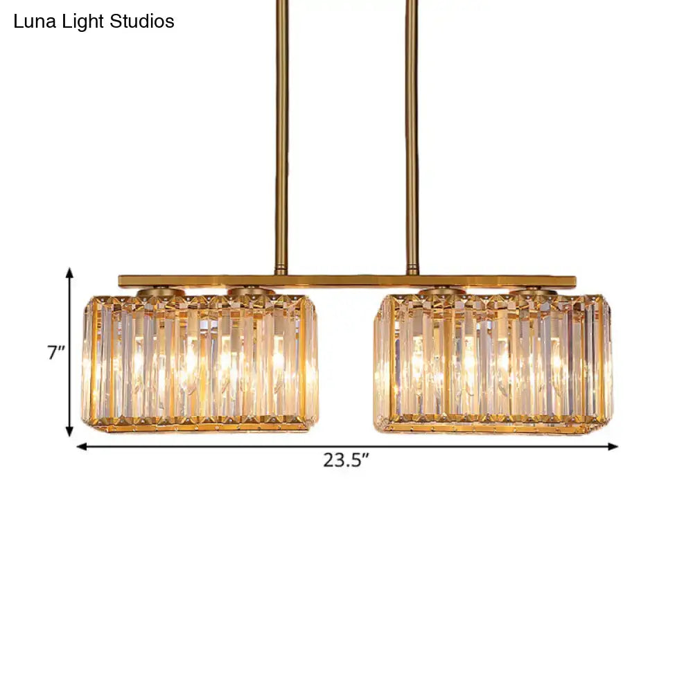 Modern gold linear chandelier with clear cuboid crystal dining room