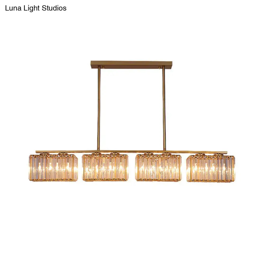 Modern gold linear chandelier with clear cuboid crystal dining room