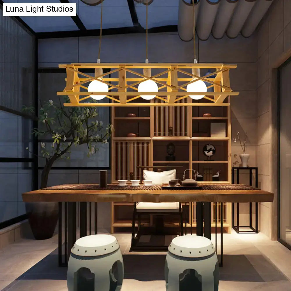 Rustic beige wooden rectangular cage island lamp dining room