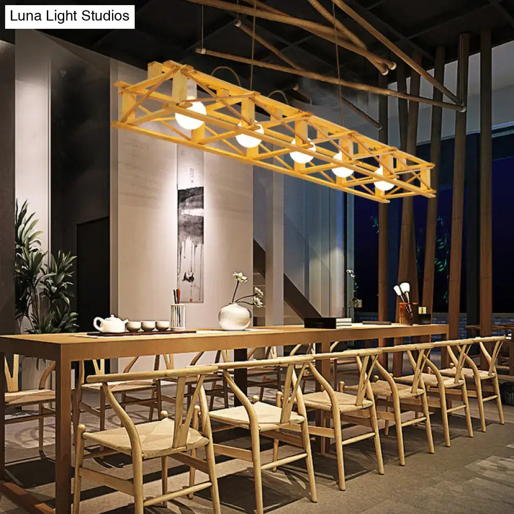 Rustic beige wooden rectangular cage island lamp dining room