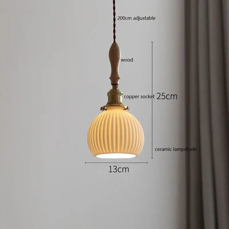 Vintage cream ceramic led pendant lamp kitchen ribbed glass shade