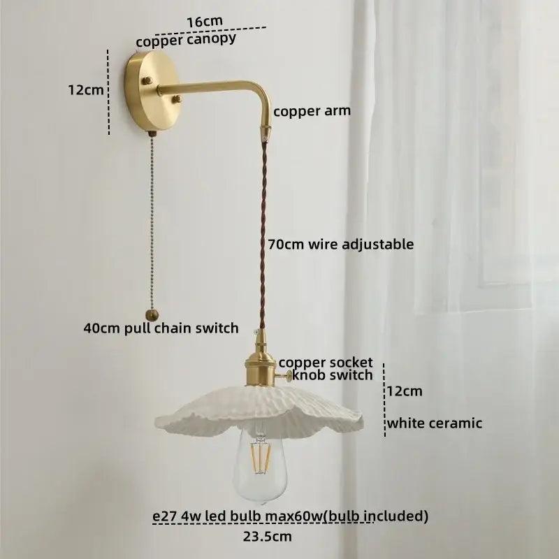 Vintage brass and ceramic led wall light bedroom sconce