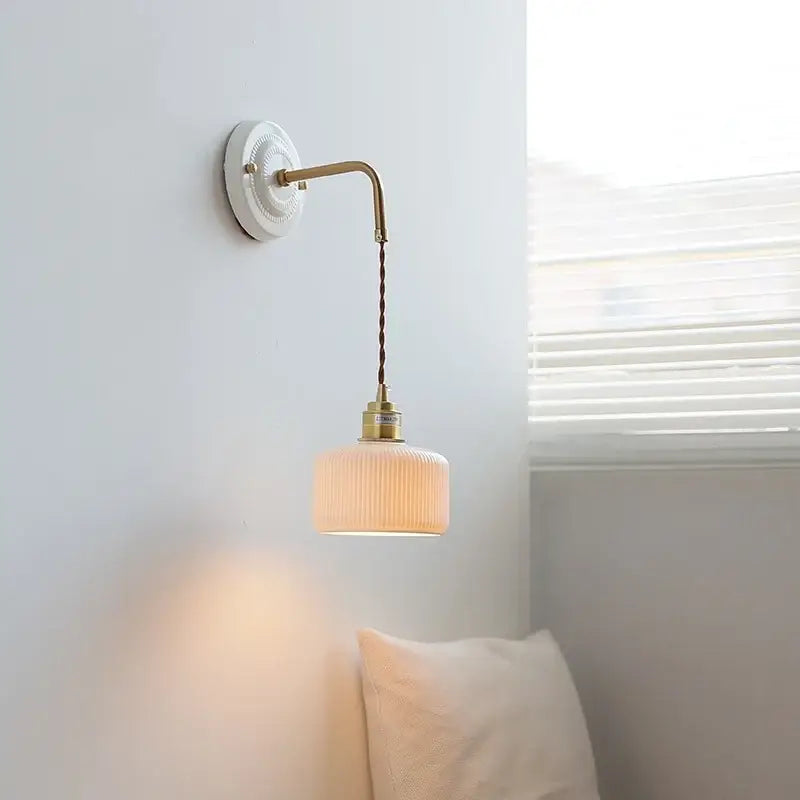 Vintage brass ceramic led wall light with ribbed glass living room