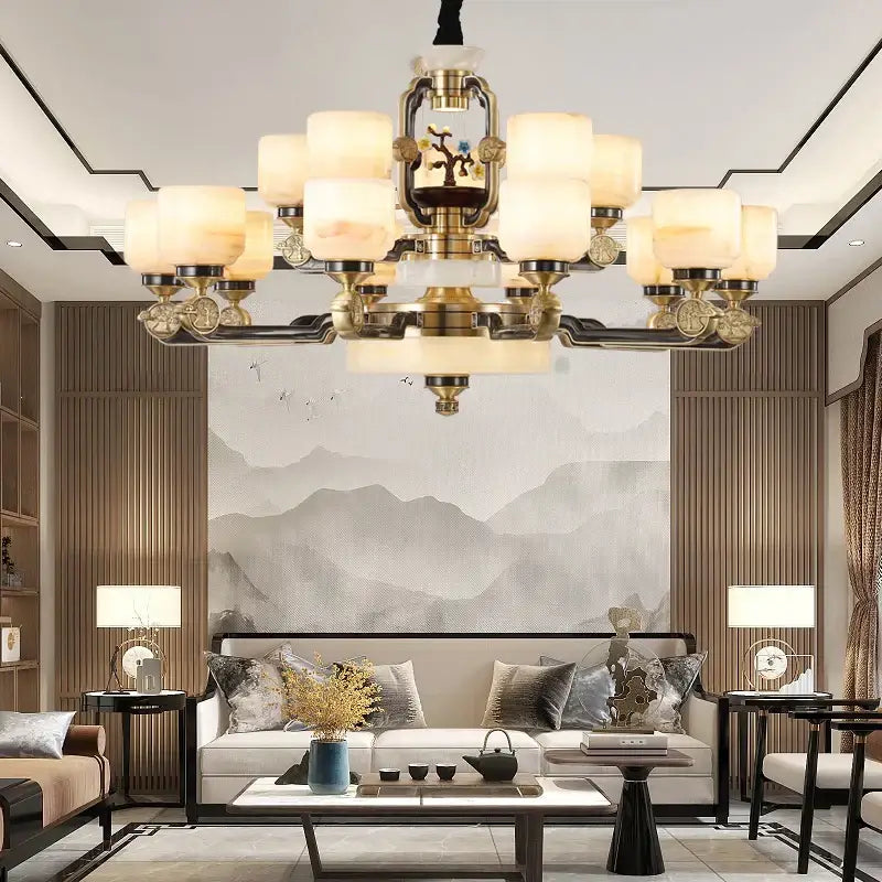 DecorBites™ Copper Jade Duplex Chandelier: Chinese Villa Hall Lighting for Hotel Lobby & Living Room