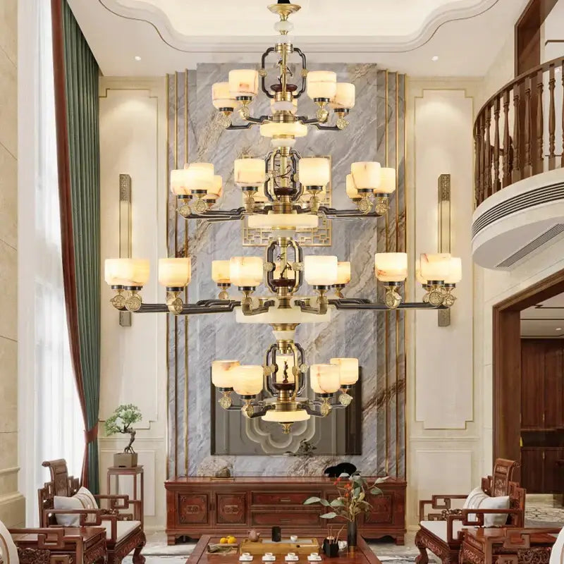 DecorBites™ Copper Jade Duplex Chandelier: Chinese Villa Hall Lighting for Hotel Lobby & Living Room