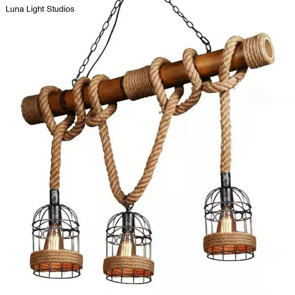 Rustic country bamboo hanging lamp dining room 3 light hemp rope
