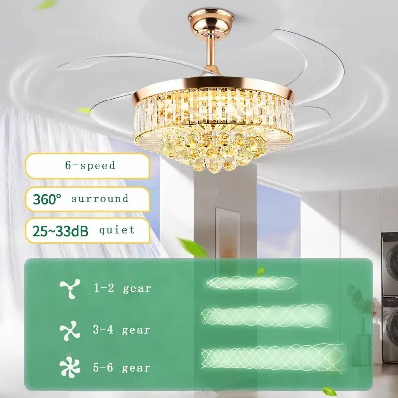 Modern rose gold crystal ceiling fan light – living room chandelier
