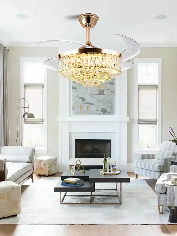 Modern rose gold crystal ceiling fan light – living room chandelier