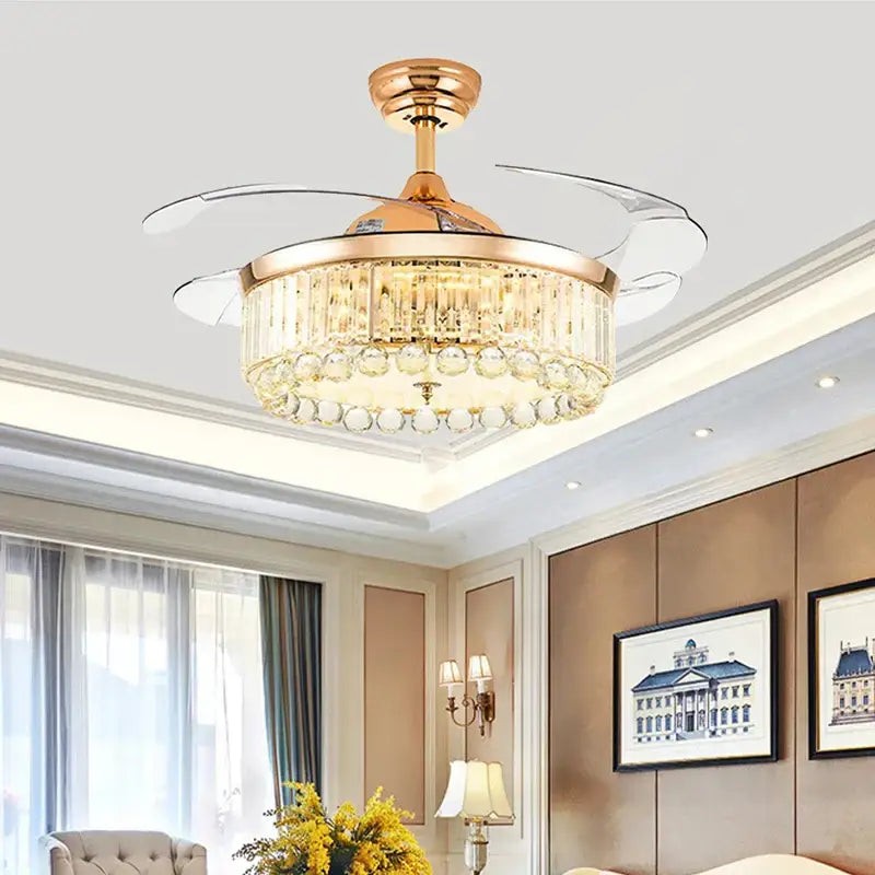 Modern gold crystal ceiling fan with led light living room