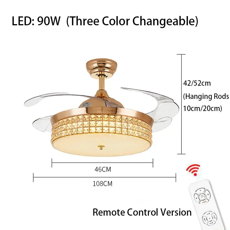 Modern gold crystal ceiling fan with led light living room