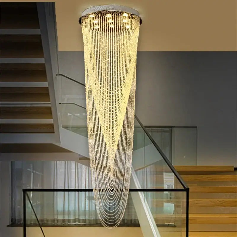 Elegant cascading crystal ceiling light for stairs and living room