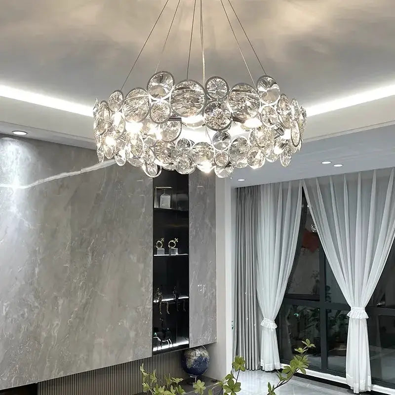 Modern chrome crystal pendant light fixture living room double ring