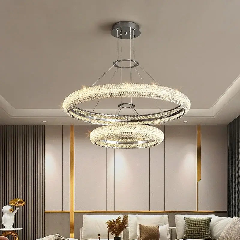 Modern luxury crystal chrome double ring chandelier dining room light