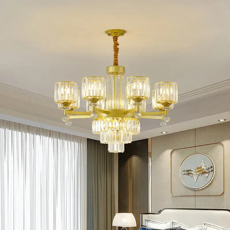 Retro gold multi tier crystal chandelier living room light