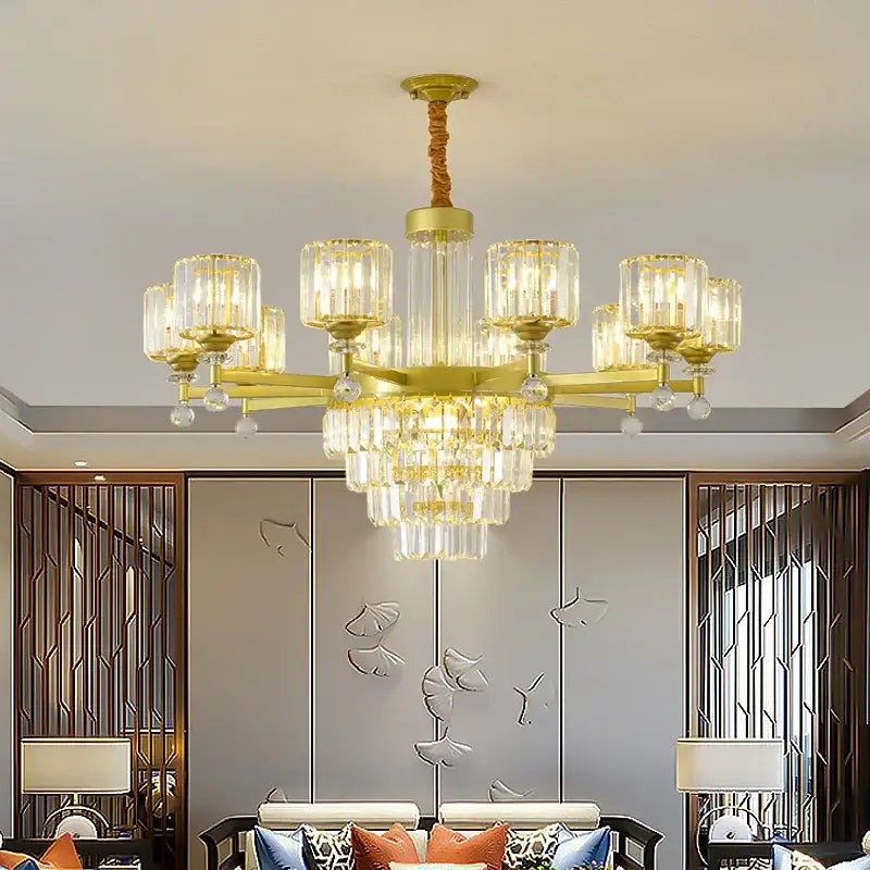 Retro gold multi tier crystal chandelier living room light