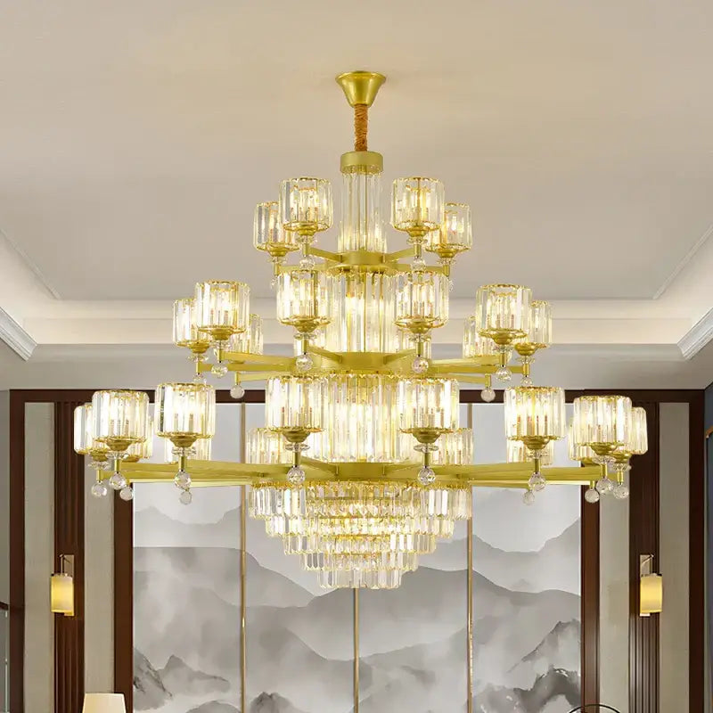Retro gold multi tier crystal chandelier living room light