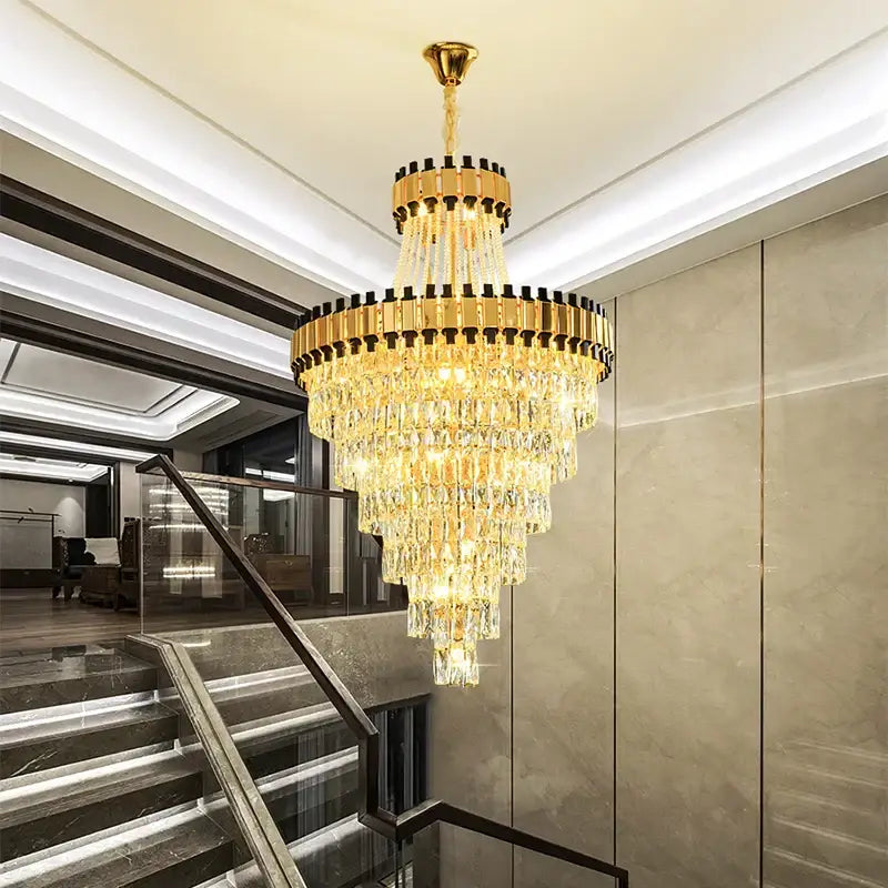 Modern gold and black crystal chandelier dining room cascading tiers