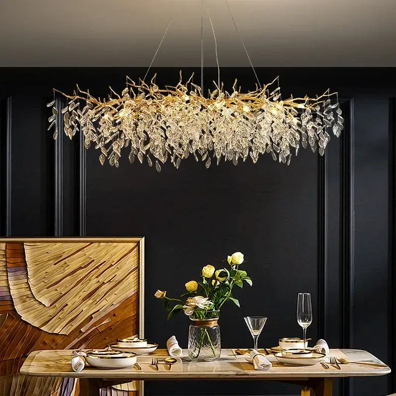 Golden branch crystal chandelier dining room leaf pendant light