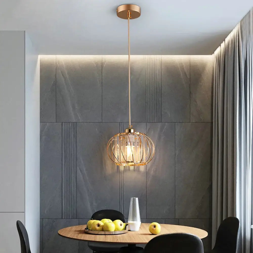 Modern gold crystal cage pendant light fixture for dining room