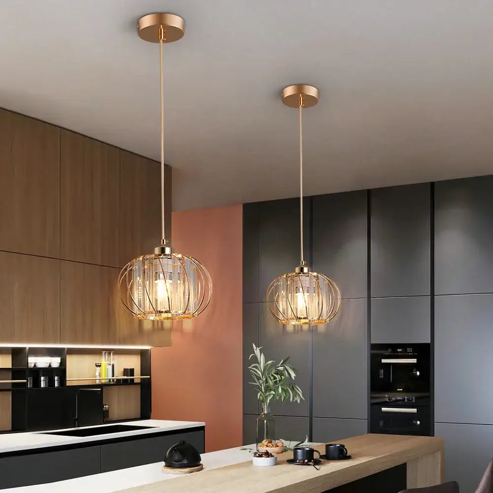 Modern gold crystal cage pendant light fixture for dining room
