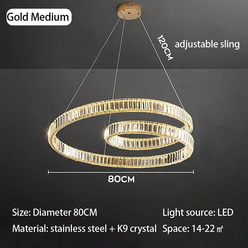 Modern gold double ring crystal chandelier led light fixture dining room
