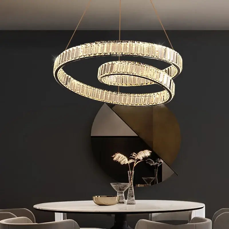 Modern gold double ring crystal chandelier led light fixture dining room