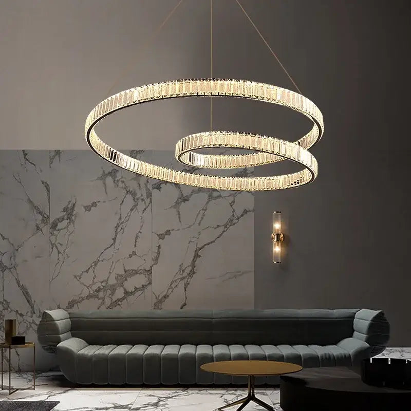 Modern gold double ring crystal chandelier led light fixture dining room