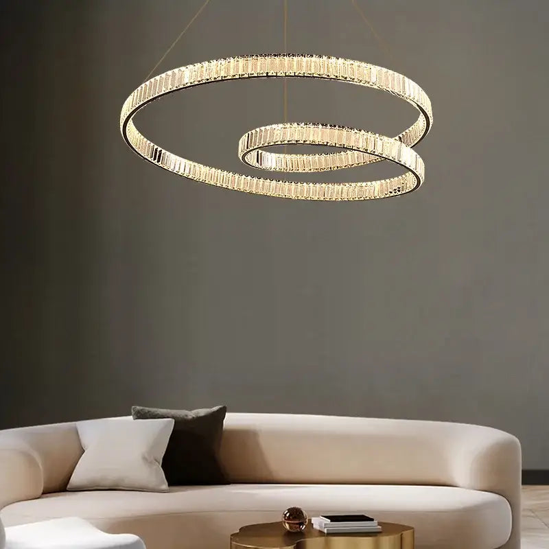 Modern gold double ring crystal chandelier led light fixture dining room