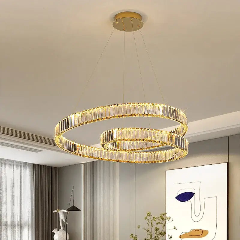 Modern gold double ring crystal chandelier led light fixture dining room