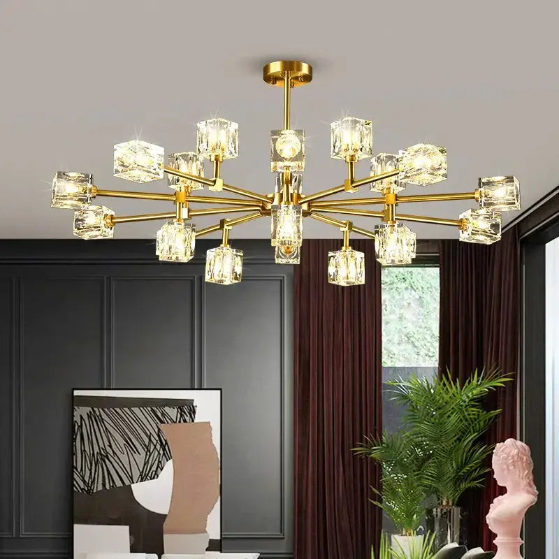 Luxury gold cube crystal chandelier living room pendant light