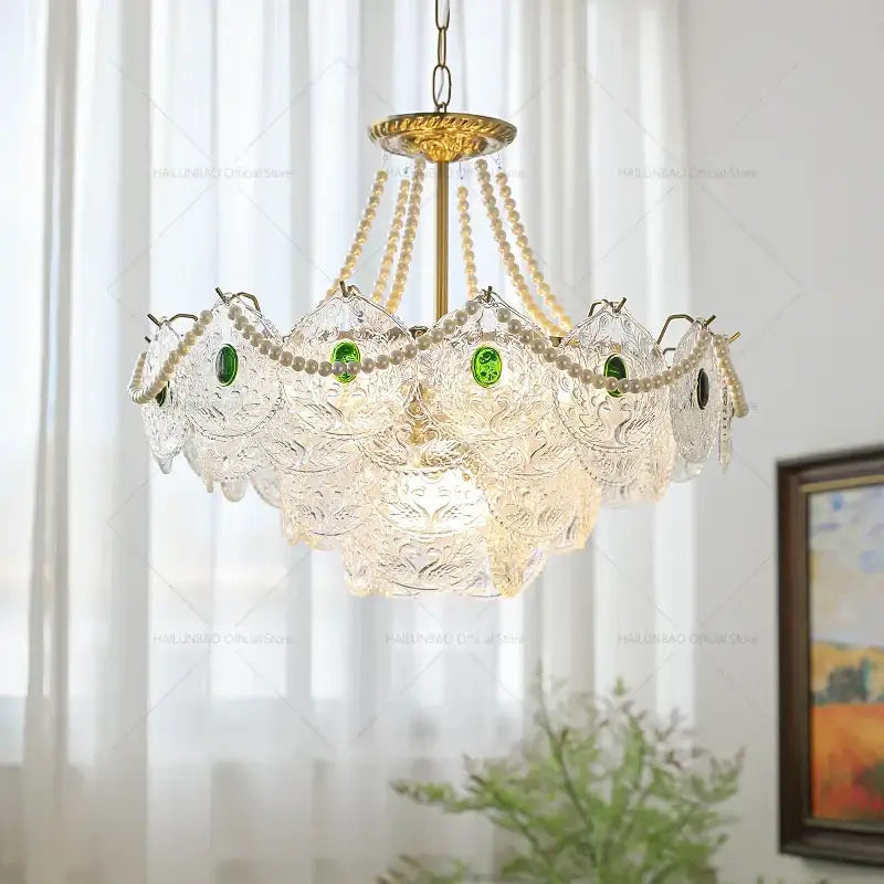 Modern gold pearl crystal chandelier dining room green gem light