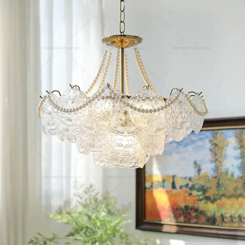 Modern gold pearl crystal chandelier dining room green gem light