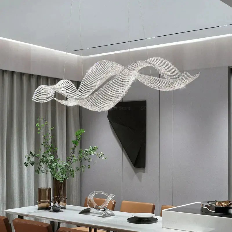 Modern wave silver crystal chandelier dining room light luxury