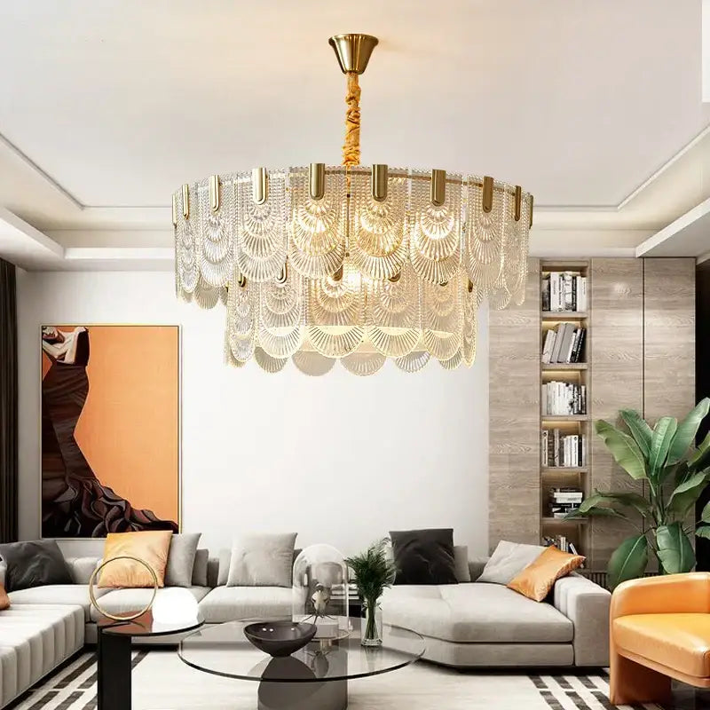 Modern fan crystal chandelier gold tiered living room ceiling lamp