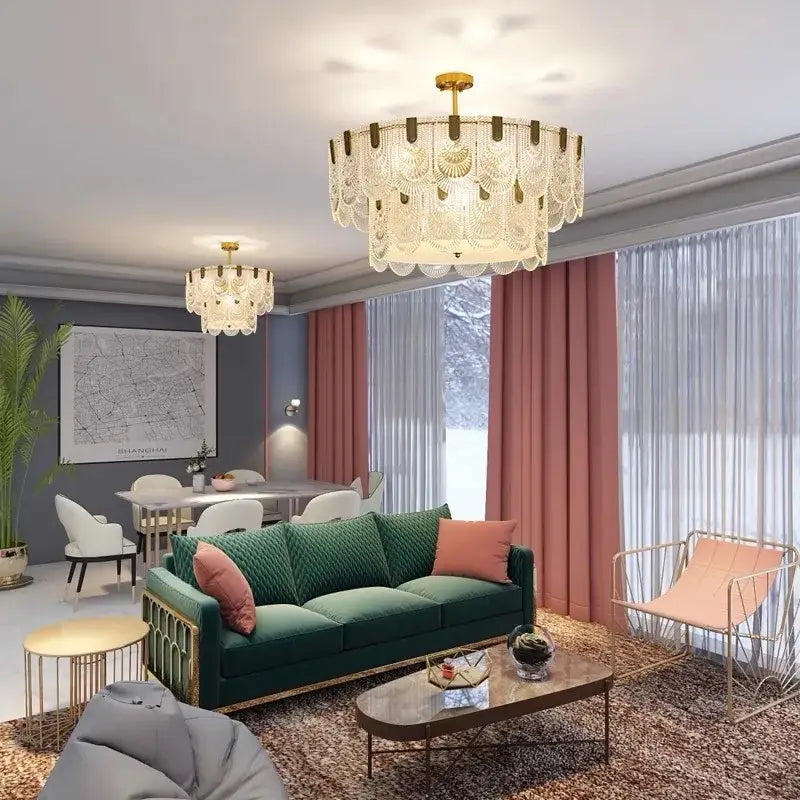 Modern fan crystal chandelier gold tiered living room ceiling lamp