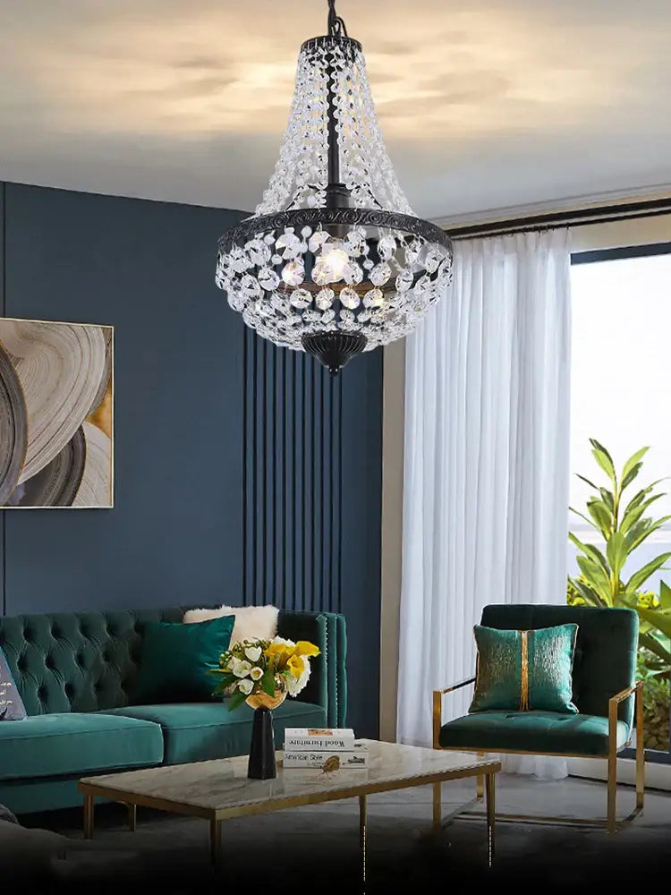 Black metal crystal chandelier pendant – dining room cascading light