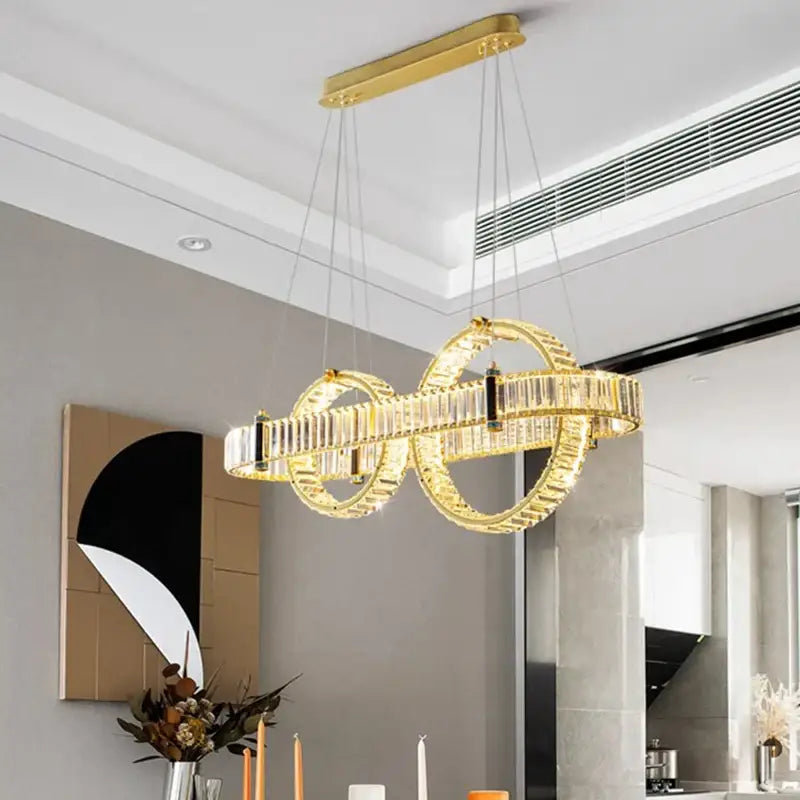 Modern golden interlocking ring crystal chandelier pendant light dining room