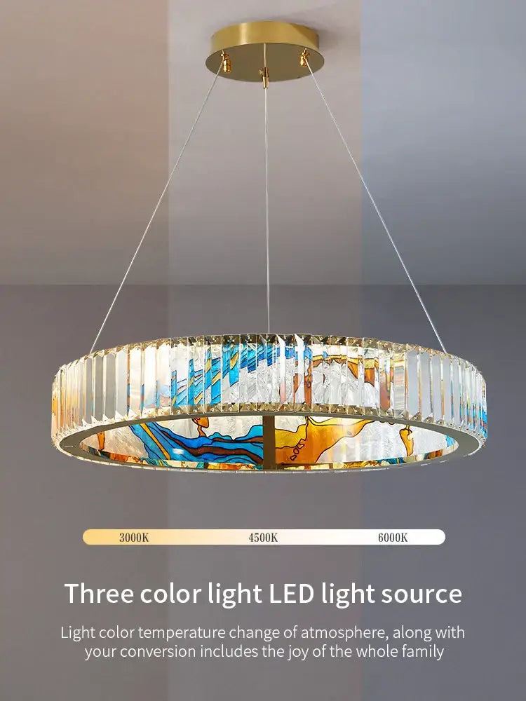 Abstract stained glass crystal chandelier ring dining room light